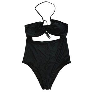 Aerie Black Bandeau One-Piece Swimsuit M/L RY10392 Cutout Halter Island Cruise